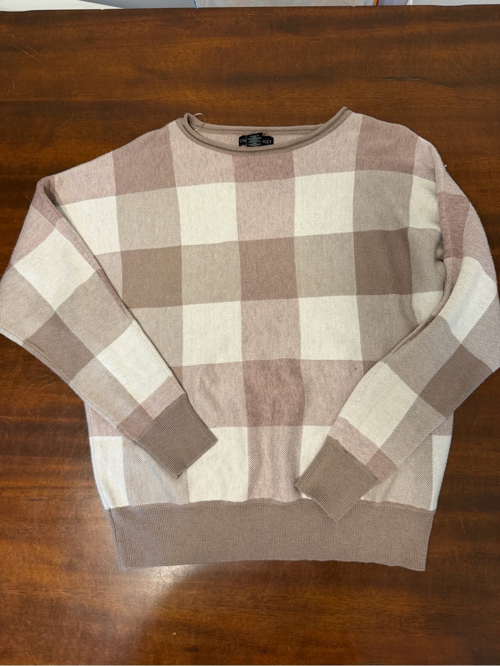Cynthia Rowley Plaid Crewneck Sweater - Taupe & Cream